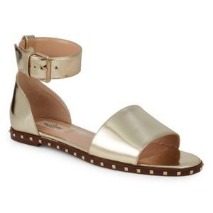 NWOB$900 Valentino Soul Rockstud Metallic Leather Ankle Strap Flat Sandals 37 7